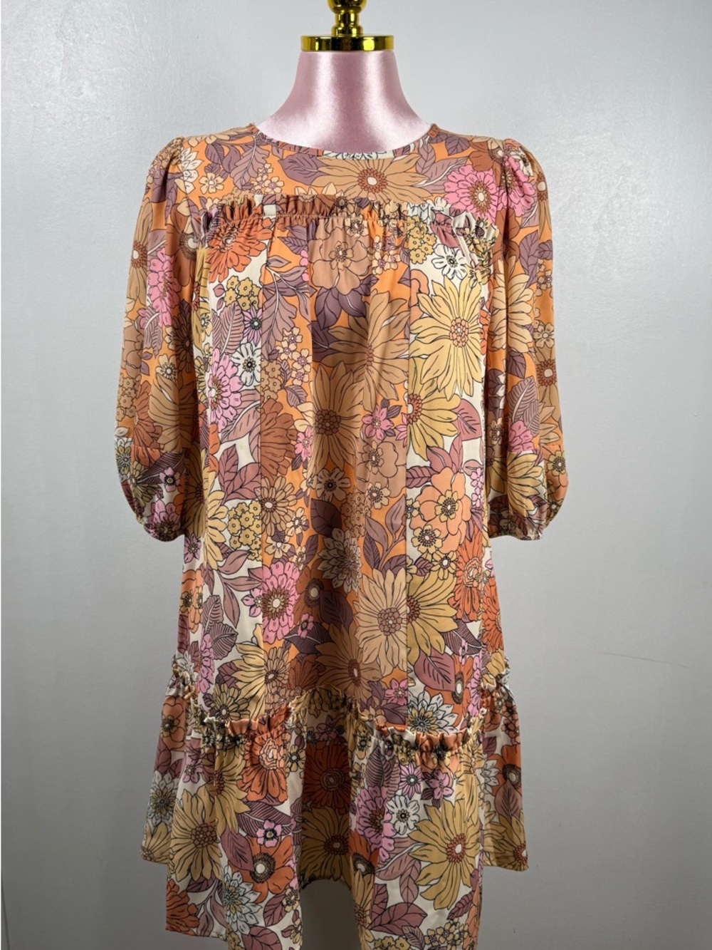 Sienna Sky Peach Floral Puff Sleeve Tiered Mini Dress Large